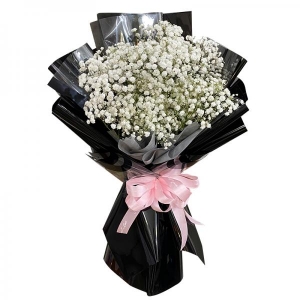 Bó hoa baby trắng phối giấy đen nơ hồng