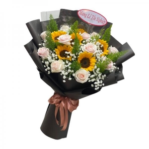 Bó hoa hồng phấn mix hoa hướng dương, hoa baby tặng sinh nhật phái nam