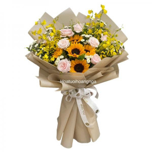 Bó hoa hướng dương mix hoa hồng, lan vũ nữ tặng sinh nhật sếp nam