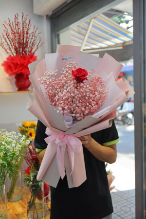 Bó hoa chúc mừng Valentine's day - baby mix 1 bông hồng
