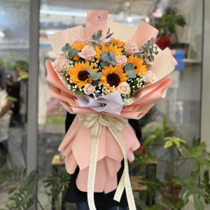 Bó hoa hướng dương mix hồng kem và baby tặng sinh nhật ý nghĩa