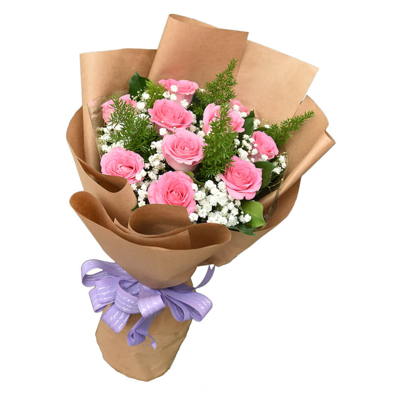 Bó Hoa Hồng Sen Mới 11 Hoa Nơ Tím 1