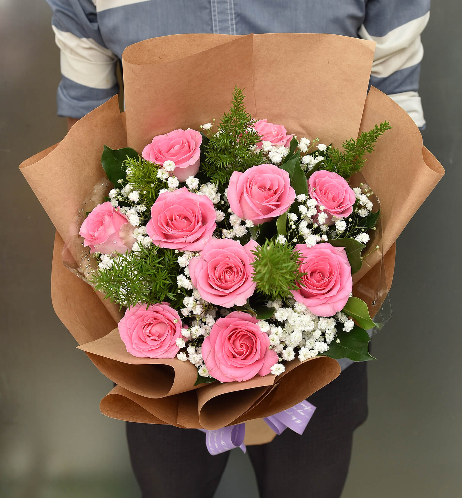 Bó Hoa Hồng Sen Mới 11 Hoa Nơ Tím 2