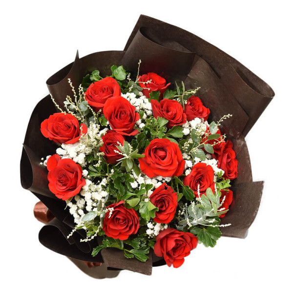 Bó Hoa Hồng Đỏ 15 Hoa Giấy Đen Nơ Nâu 1