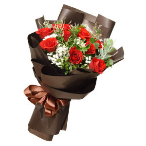 Bó Hoa Hồng Đỏ 15 Hoa Giấy Đen Nơ Nâu