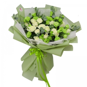 Bó hoa sinh nhật tặng sếp nam - bó hồng trắng mix cát tường xanh, lá bạc