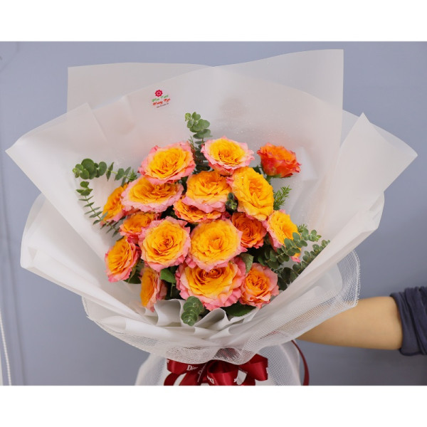 Bó hồng cam spirit mix lá bạc