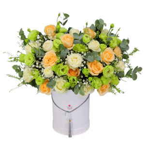 Hộp  hoa hồng trắng, hồng trứng gà, cát tường nhật, baby, lá và phụ liệu