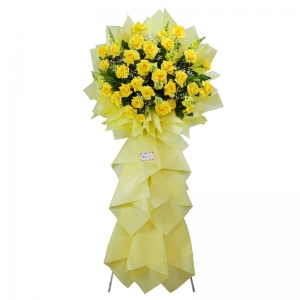 Kệ hoa khai trương tone vàng 1 tầng-  hồng vàng, mõm sói,  baby, lá