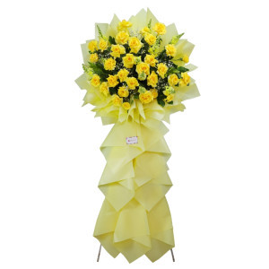 Kệ hoa khai trương tone vàng 1 tầng- hồng vàng, mõm sói, baby, lá