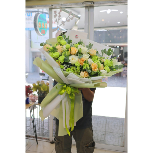 Bó hoa cát tường xanh- hồng trắng, hồng trứng gà, cát tường nhật, baby, lá và phụ liệu