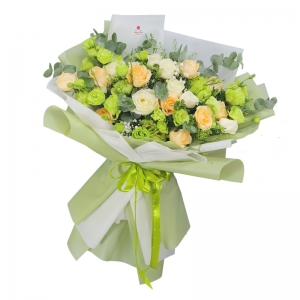 Bó hoa cát tường xanh- hồng trắng, hồng trứng gà, cát tường nhật, baby, lá và phụ liệu