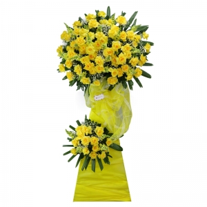 Kệ hoa khai trương tone vàng-  hồng vàng, mõm sói,  baby, lá