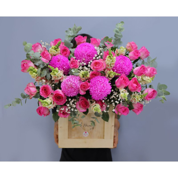 Hộp hoa sinh nhật- cúc mẫu đơn, hồng sen, baby, mõm sói, lá bạc