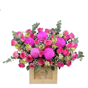 Hộp hoa sinh nhật- cúc mẫu đơn, hồng sen, baby, mõm sói, lá bạc