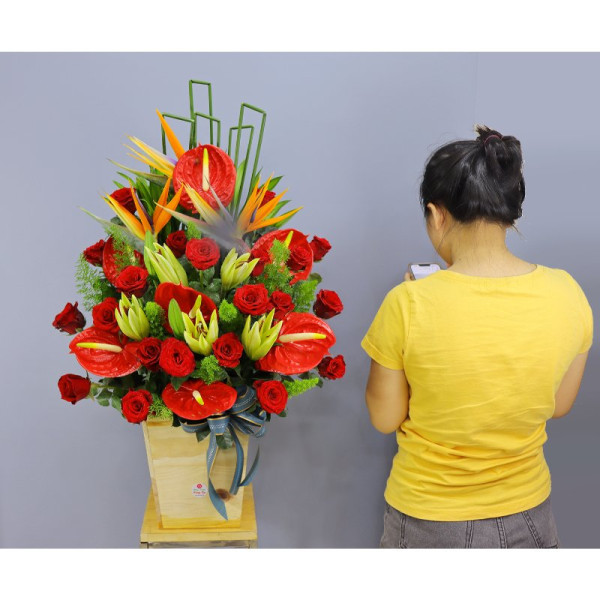 Hộp hoa chúc mừng khai trương- hồng đỏ, hồng môn, lyly, thiên điểu