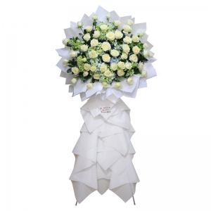 Kệ Hoa hồng trắng mix cẩm tú cầu nơ trắng toàn kệ giá rẻ